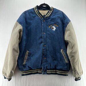 Vintage MV Sport MID TECH Eagle Denim Varsity Jacket Men Sz L Quilted Lined Blue